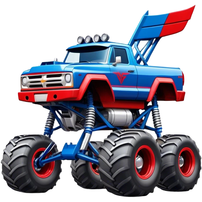 Avenger - Monster Jam (Model Year: 2021) (Iconic colour: Blue and red) - A dynamic monster truck with a split-color scheme: predominantly blue accented by bold red elements. Focus on strong, angular lines and vivid contrasting colors that evoke high energy and a futuristic, rebellious style. emoji