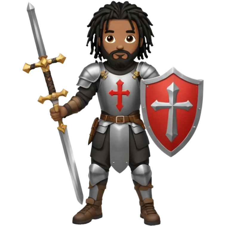 African American man with shoulder length black dreadlocks with black beard wearing knight body armor holding a double edge sword and a shield with a cross on it wearing black low top Air Force 1 sneakers emoji