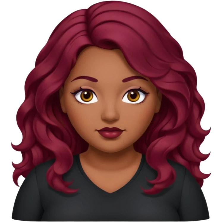 Plus size red hair brown face small eyes long hair Asian eyes small eyes wavy hair eye lashes burgundy hair black shirt emoji