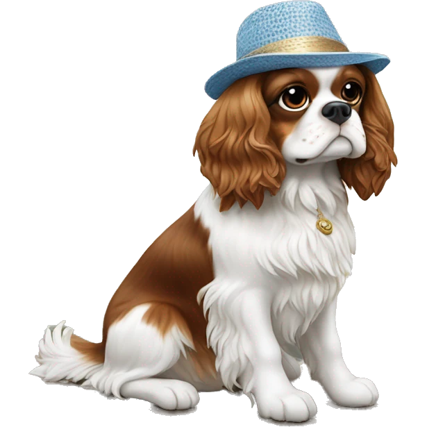 Three King Charles spaniel sitting by the ocean, wearing sun hat emoji