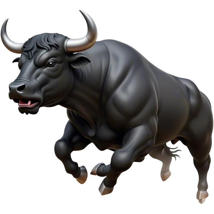 ​Cinematic Realistic Black Charging Bull, depicted in mid-charge with a powerful, muscular form and glossy black hide glistening under dynamic dramatic lighting, dust and motion captured mid-air to exude raw strength and unbridled energy on an expansive arena, emoji