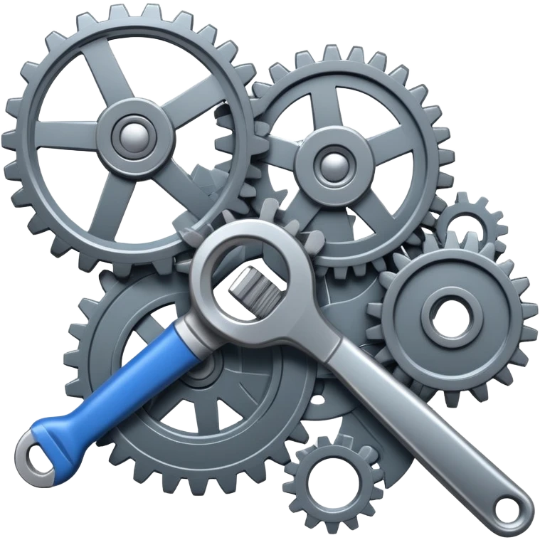 An icon featuring mechanical gears, a wrench, and a blueprint, symbolizing mechanical engineering. The design includes pistons, turbines, and precision tools, representing the design, production, and maintenance of machines and systems. Transparent background emoji