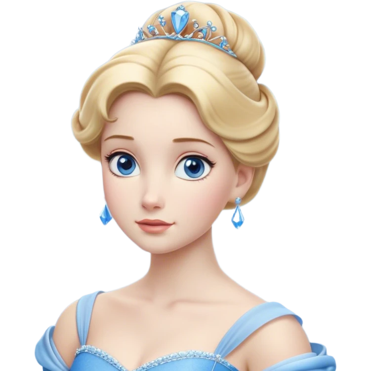 Cinematic Realistic Noble Cinderella Portrait, depicted with porcelain skin rendered in lifelike detail and soft, natural lighting that highlights every delicate nuance. Her intricately styled golden-blonde hair is arranged in an elegant updo, and her deep, expressive blue eyes radiate quiet determination. She wears her classic ball gown with rich fabric textures and delicate folds catching the light beautifully, all set against a subtly glowing, natural background that captures the essence of timeless royal grace. emoji