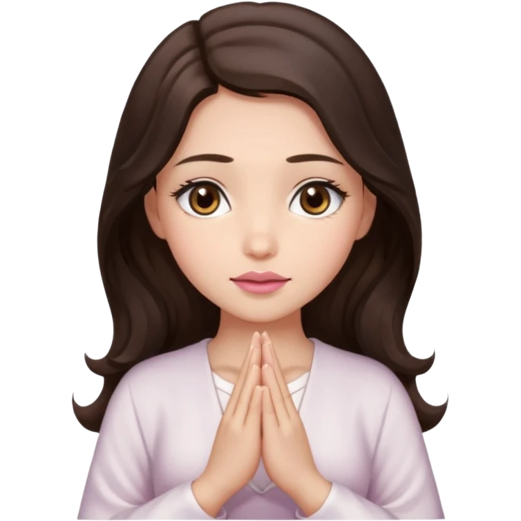 girl with wavy long glamorous dark brown hair, brown eyes, light to medium complexion, long lashes, almond shaped eyes, light pink lipstick, square shaped face. praying emoji