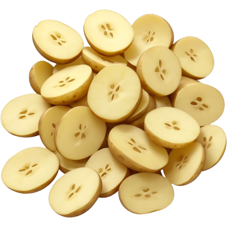 loose scatter of off-white potato flakes with irregular, lightweight shapes, slightly translucent dry texture, thin curled edges, uneven sizes, dehydrated instant mashed potato flakes, no bowl spoon or packaging, apple emoji style, soft lighting, subtle shadows, emoji scale emoji