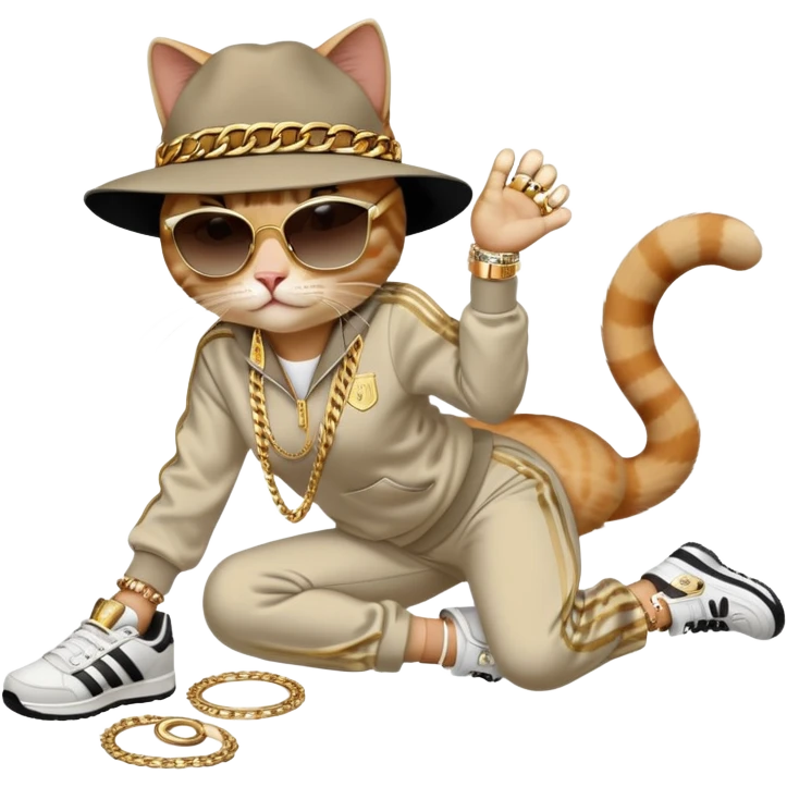 female cat dressed like Run DMC in tracksuit, fedora, Adidas shoes, dark sunglasses, lots of gold chains, rings, bracelets, earrings, lying on the ground after falling emoji
