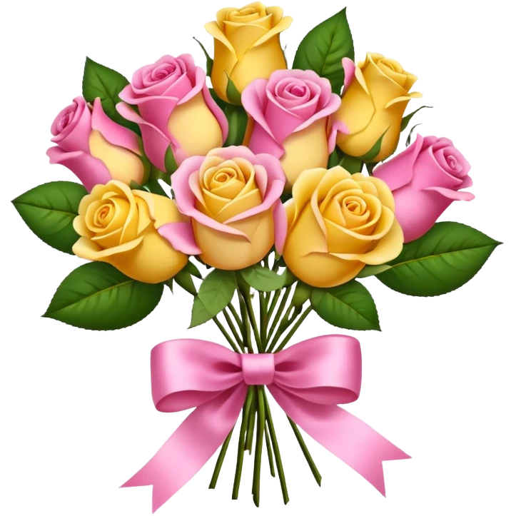A bouquet of flowers, composed of pink and yellow roses, four blooms in total, tied with ribbon. emoji