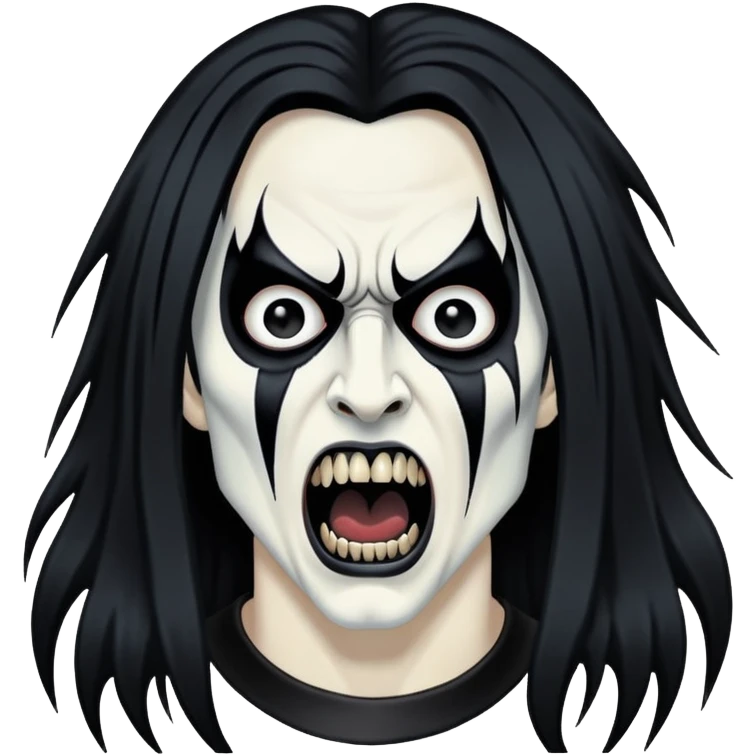 Black metal musician with corpse paint, long hair, screaming emoji