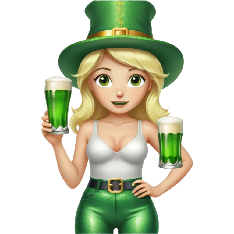 Blonde haired pretty woman with freckles glittery green bell bottoms and tall leprechaun hat holding a green beer emoji
