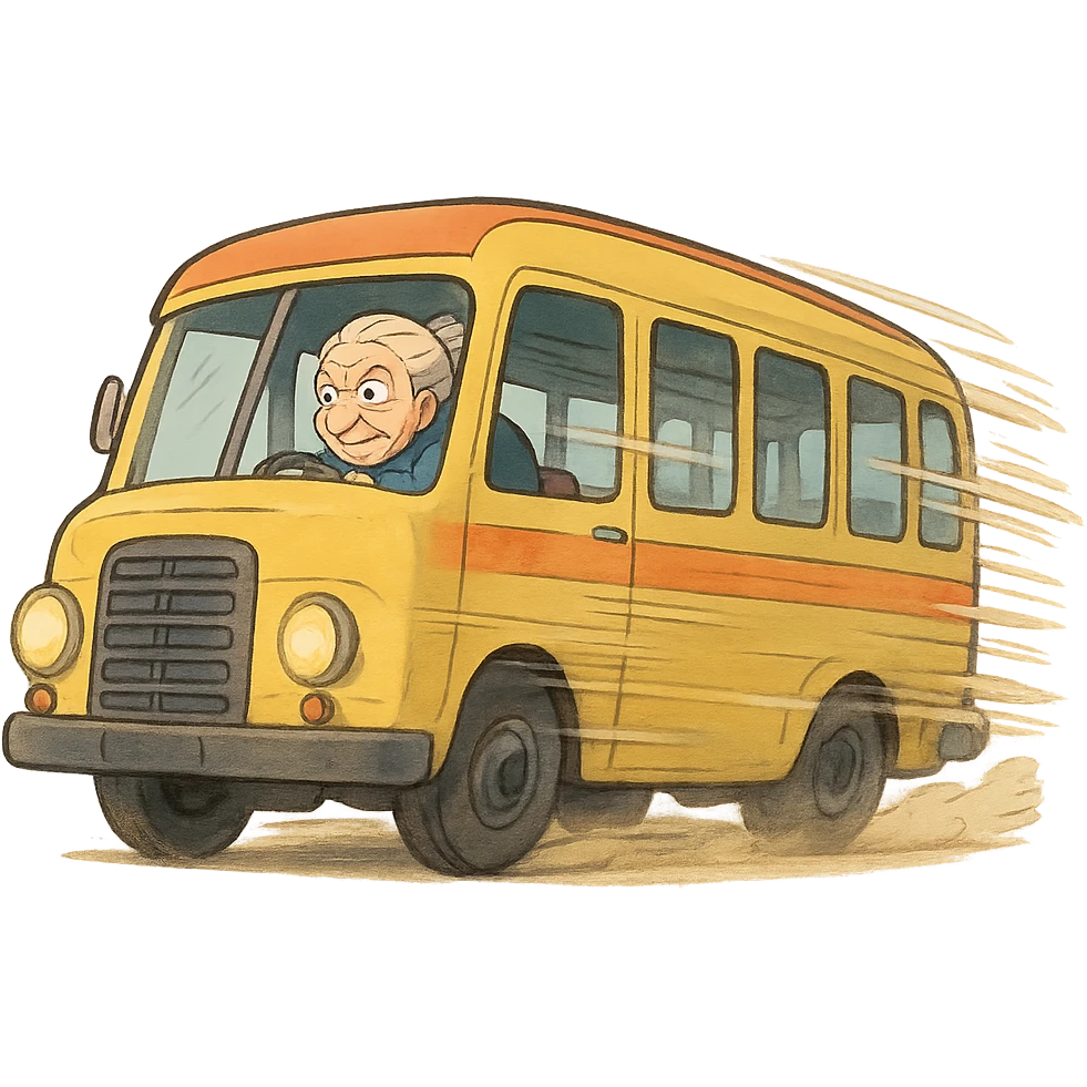 ghibli style bus with a driver that goes really fast from old lady emoji