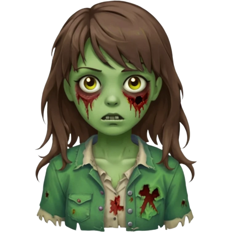 Uma menina zombie com um cabelo ondulado médio, com a franja pro lado direito, o cabelo com cor castanho com a cor de pele verde  emoji
