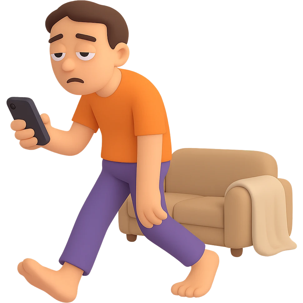 Add a phone in the hand of the emoji of a person dragging their feet, eyes half-closed, shoulders slumped, radiating laziness and lack of motivation, possibly with a small couch or blanket in the background. Preserve the transparent background. emoji