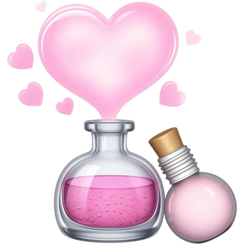 A glowing aphrodisiac glass bottle bottle releasing soft pink, heart-shaped mist emoji