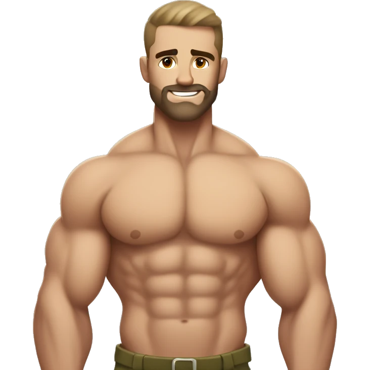 White skin, Shirtless, brown hairy chest, Bodybuilder, biceps, military haircut emoji