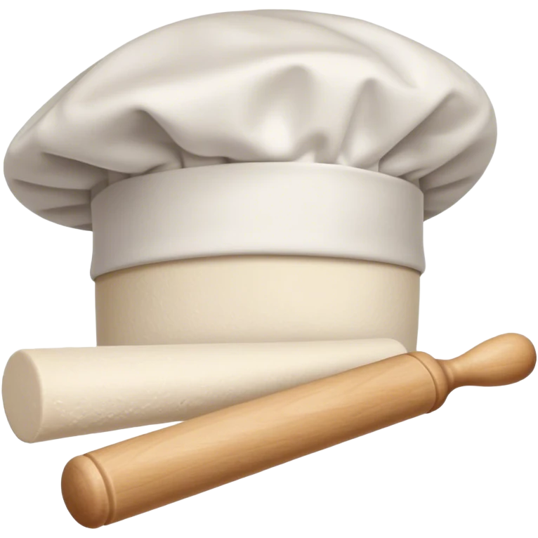 Cinematic Realistic Chef Hat & Rolling Pin, crisp white cotton hat with soft folds, resting beside a classic wooden rolling pin with smooth, polished curves, a light dusting of flour adding authenticity, warm kitchen lighting casting gentle shadows, glowing with a cozy and inviting charm. emoji