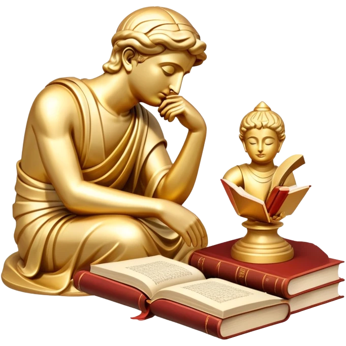 An icon featuring a thinker statue, a scroll, symbolizing philosophy. The design includes books and abstract symbols representing deep thought and wisdom. Transparent background highlights the study of ideas, logic, and existential questions emoji