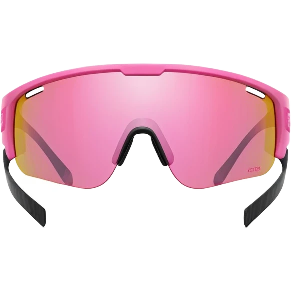sporty pink shield visor sunglasses with thick frame with carbon fiber appearance, lightweight yet chunky design, substantial build, one-piece lens with hydrophobic coating emoji
