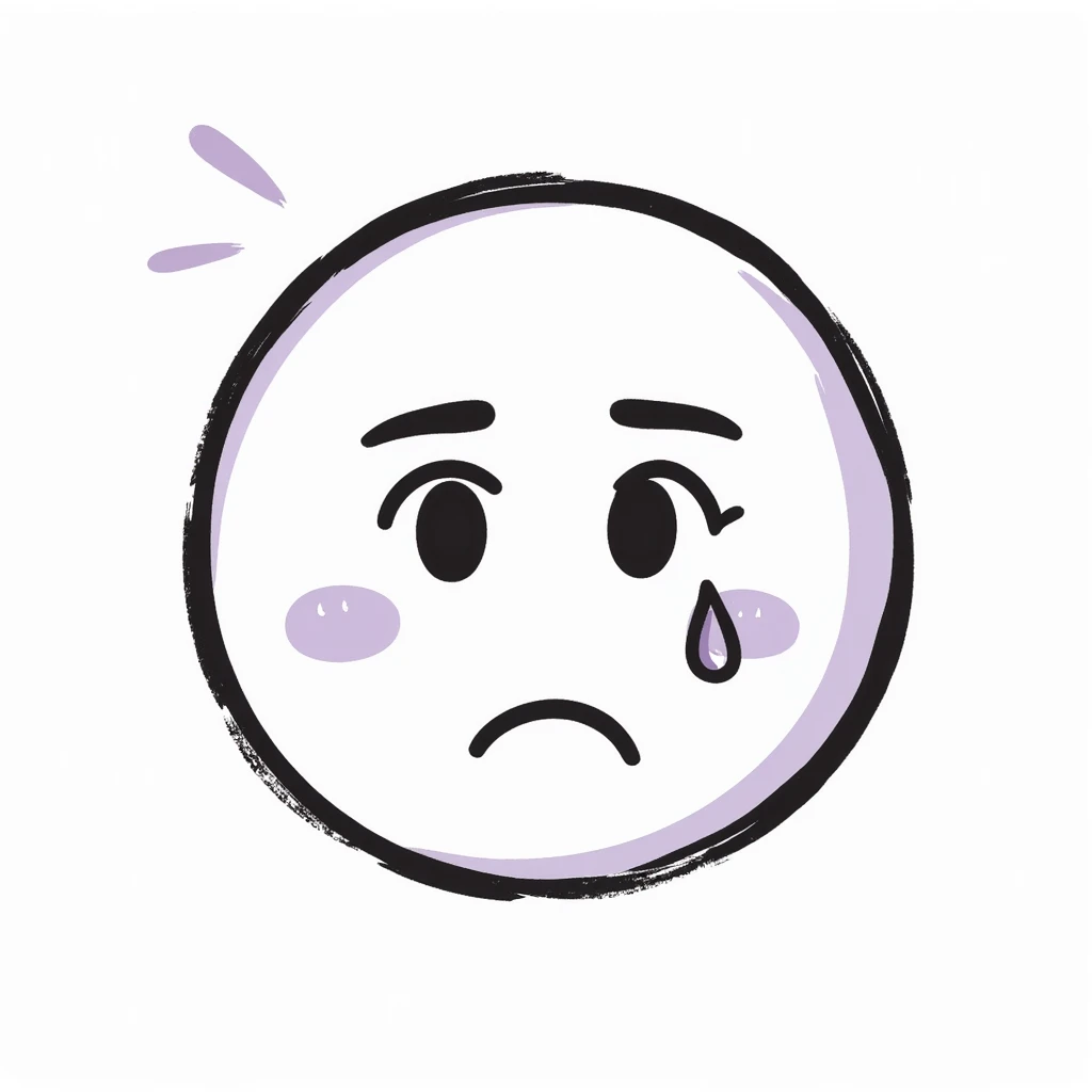 sad smiley face with single tear, hand-drawn chalk style, soft lilac color palette, rough doodle-like texture, pastel chalk on dark surface, aesthetic, emotional, suitable for Telegram channel emoji