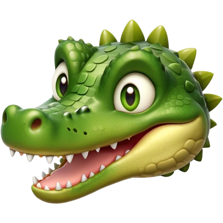 Cinematic Realistic Cute Crocodile Portrait Emoji, Head tilted playfully and inquisitively, featuring a robust, well-defined build with intricately detailed, glossy olive-green scales and a surprisingly endearing face with round, sparkling eyes full of unexpected charm, rendered with lifelike texture and natural highlights, high shine, affectionate and spirited, styled with a touch of wild whimsy, soft glowing outline, capturing the essence of a mischievous yet lovable crocodile that seems poised to snap playfully out of the screen into your arms! emoji