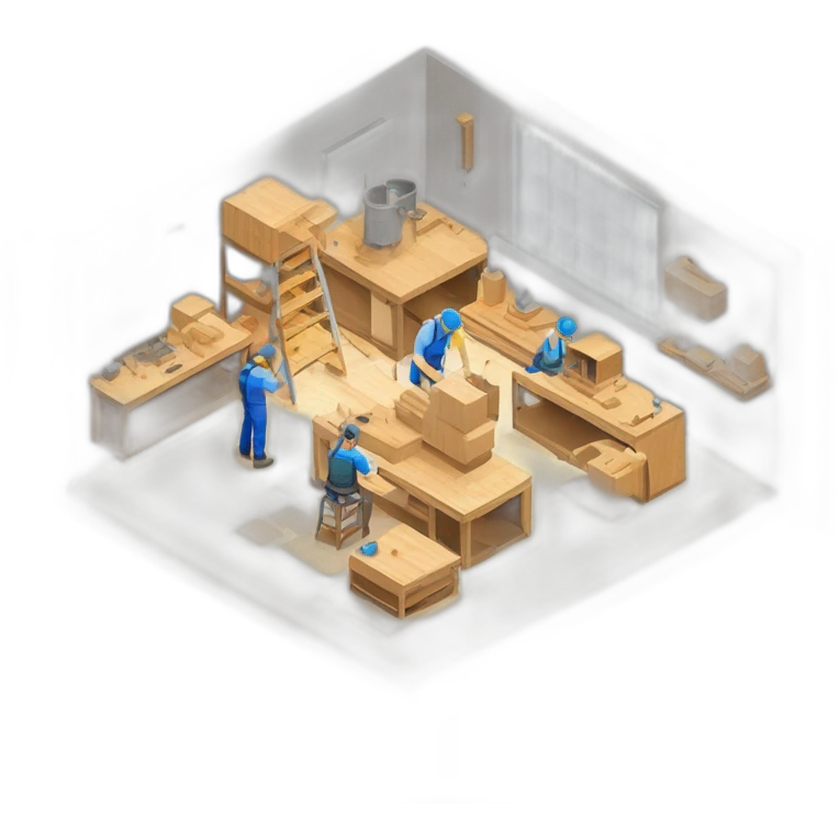 isometric square solid outline border box containing indoor creative workshop factory woodworking metalworking people actively working cnc machine tools simple clean industrial makerspace emoji