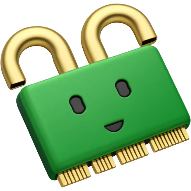 Apple-style 3D emoji of a single green RAM stick, gold connector pins at the bottom, small black memory chips on top, simple and clear design. emoji