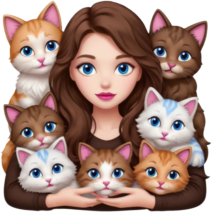 girl with long wavy brown hair, blue eyes, long lashes makeup, sexy pink lips, cuddling with 6 cats emoji