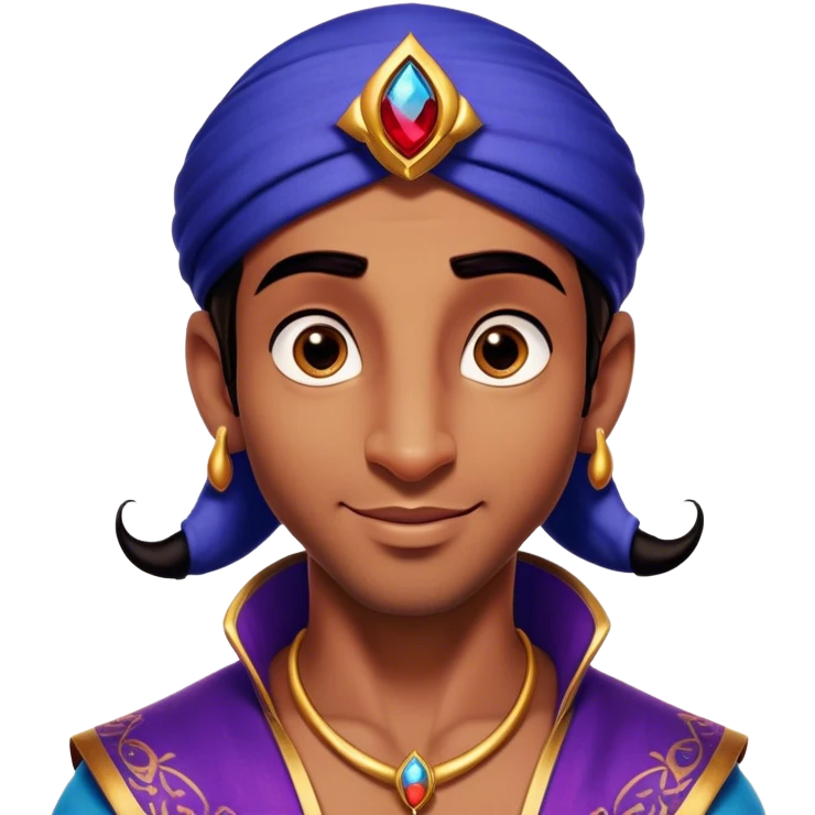 Cinematic Realistic Aladdin Portrait, head tilted playfully and inquisitively, showcasing his roguish charm and bright, mischievous eyes. His signature attire is rendered in exquisite detail with dynamic natural highlights, and a hint of magic sparkles about him—embodying a youthful, adventurous energy with friendly power. emoji