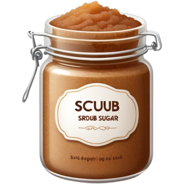 Dark brown sugar body scrub in a white jar with the inscription scrub emoji