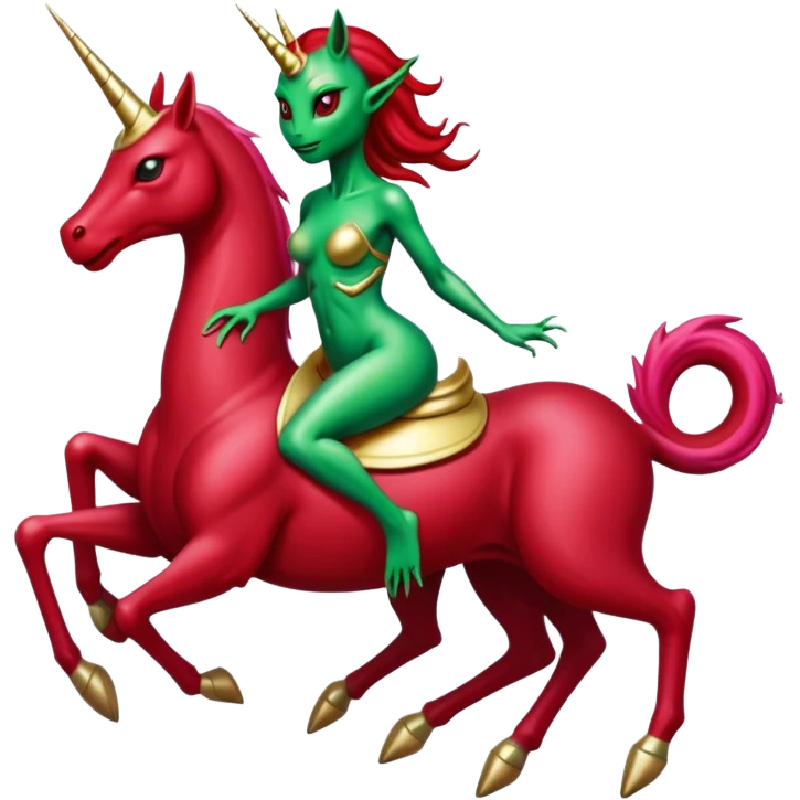 "reptilian green alien woman, in long slim dark red", rides, "unicorn gold and white"
 emoji