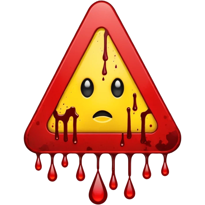 A triangular danger  and a bright yellow background. In the center, a dark red blood splatter spreads outward, with a few drops dripping down the sign. The design gives a wild, intense, and dangerous vibe, as if warning of something violent or hazardous. emoji