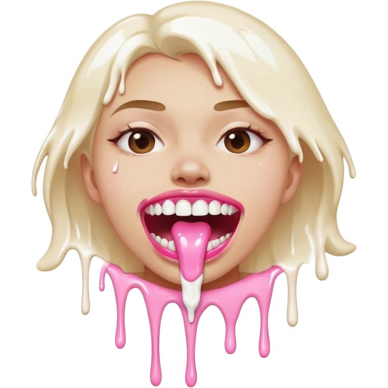 White paint dripping from mouth with pink glossy lips with teeth biting down emoji