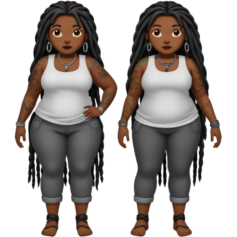 Full body nude plus size dark skin black girl long dreadlocks, tattoos on right arm and left leg emoji