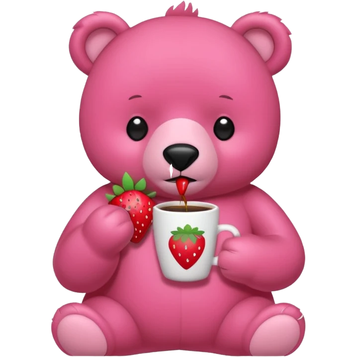 A pink bear is holding a strawberry and drinking coffee with a transparent background in a teenager hand-drawn, 2D, japanese charectors like, style emoji
