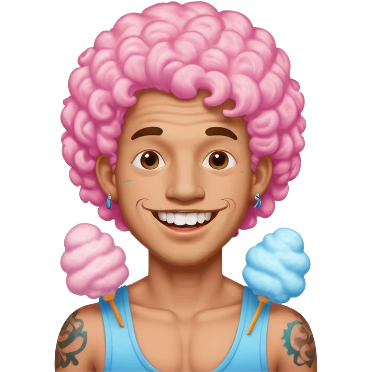 very cheerful colorful puffy curly haired man made out of cotton candy with teeth-braces and tattoos and face tattoos just face  emoji