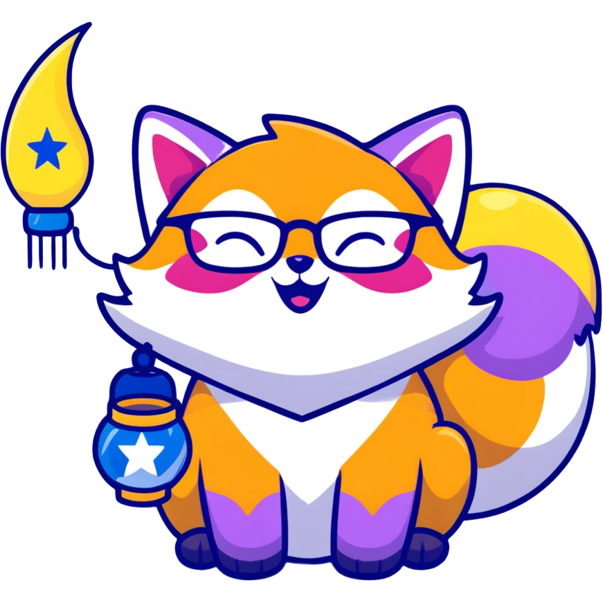 magical fox with purple and blue fur, glowing tail, star on forehead, round glasses, tiny lantern, laughing joyfully emoji
