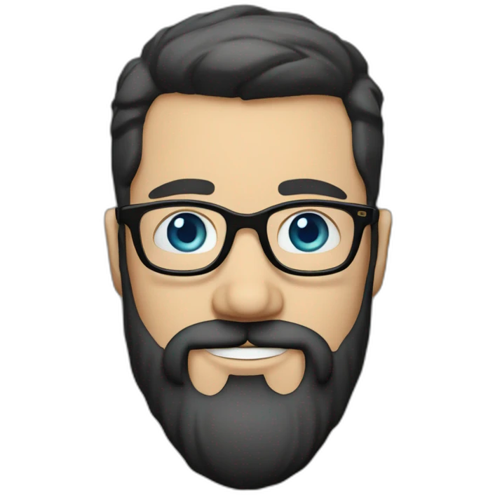 White man with blue eyes and dark brown hair, styled sideways backwards. He has a beard and mustache trimmed and wears a black t-shirt and vintage glasses. emoji