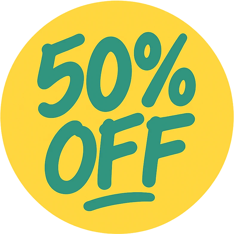 Round label with lettering 50% off with graffiti style  emoji