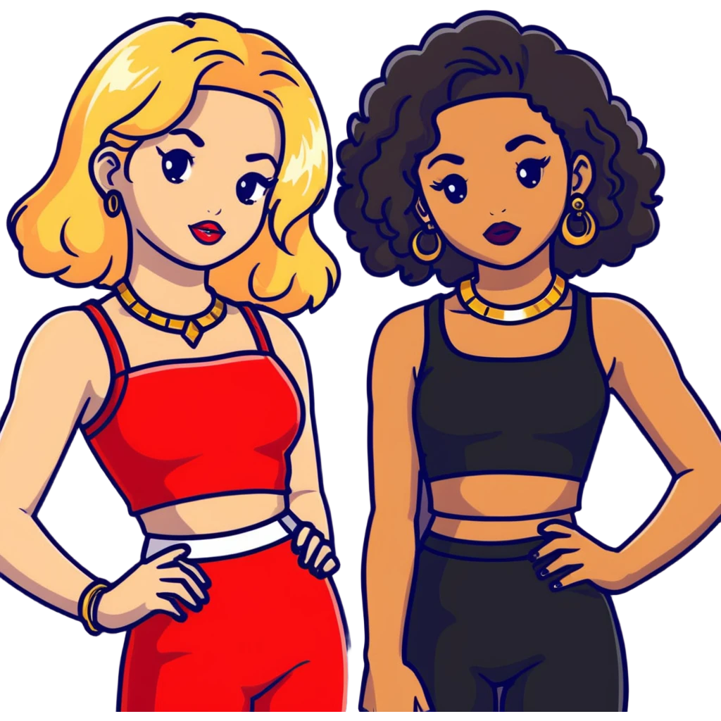 Full body of two teenage girls standing together, one white with straight blonde hair and one brown-skinned with curly black hair, both with heavy makeup, big lips, crop tops, gold jewelry and flashy choni style outfits emoji