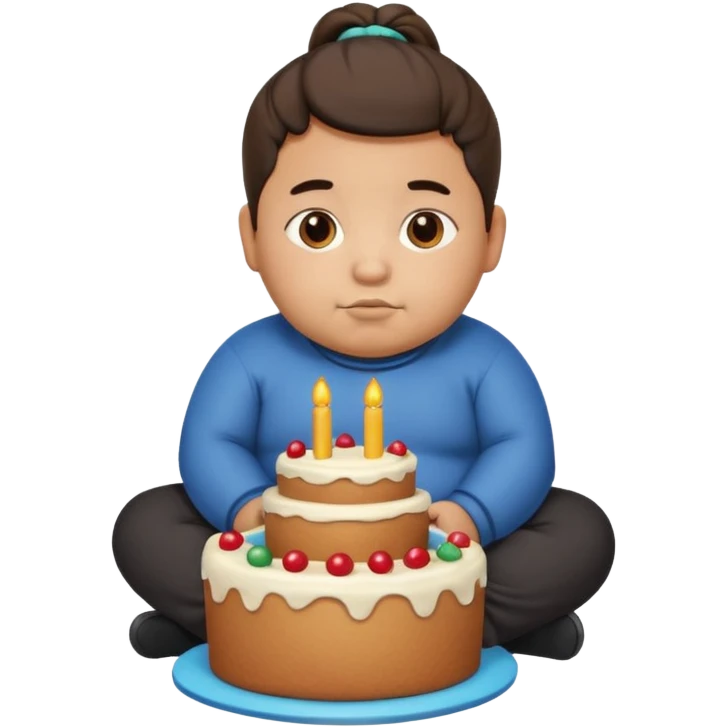chubby mexican boy with pony tail sitting inside of a cake emoji