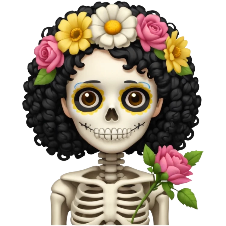 Skeleton with Flower Crown, curley hair black, with flower bouquet emoji