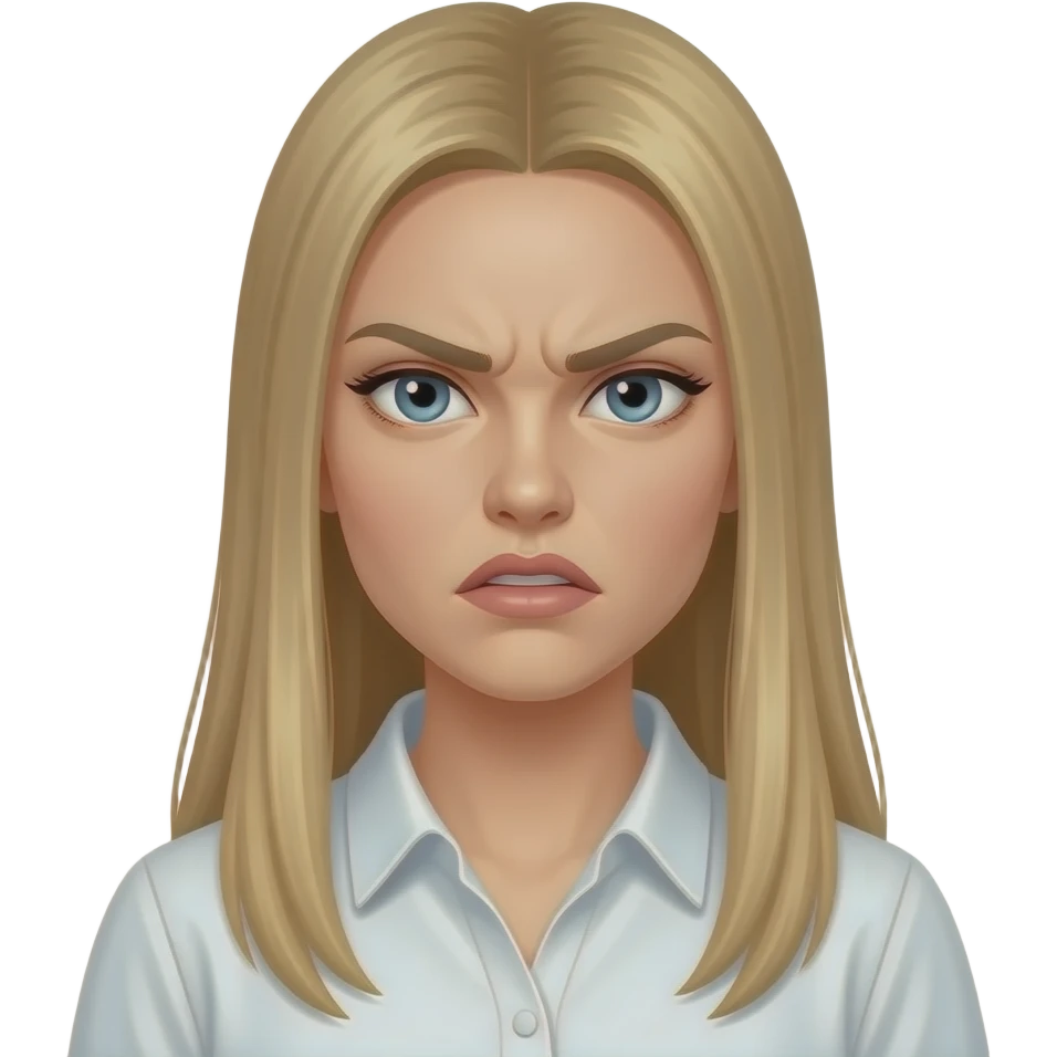 bella ragazza russa bionda capelli lisci lunghi e occhi chiari, con maglietta bianca arrabbiata emoji