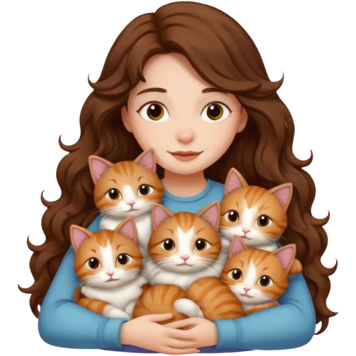 girl with long wavy brown hair cuddling with 6 cute cats emoji