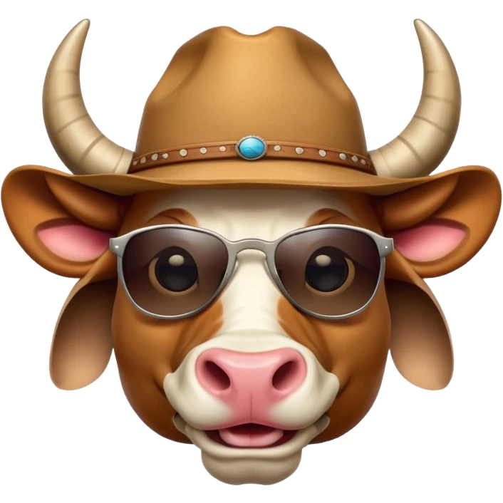 friendly anthropomorphised bull head with horns, wearing sunglasses and a cowboy hat emoji