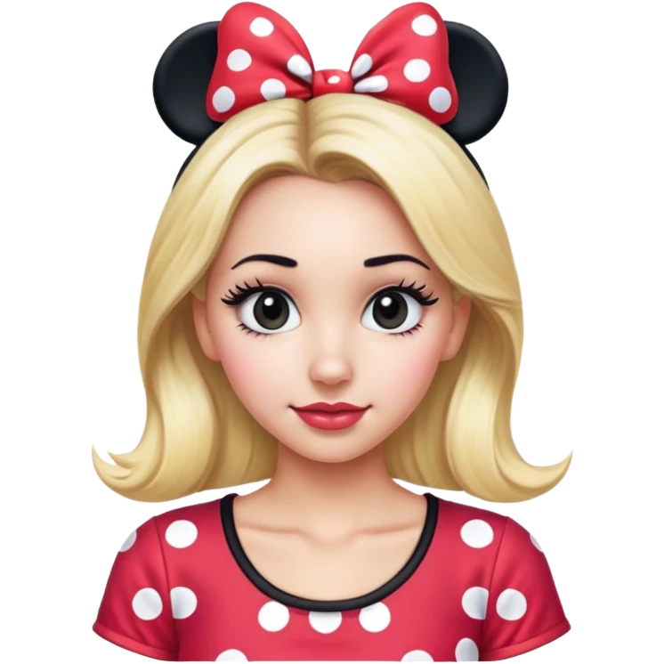 Blonde woman with long black eyelashes with Minnie, mouse, ears, and Minnie mouse shirt emoji