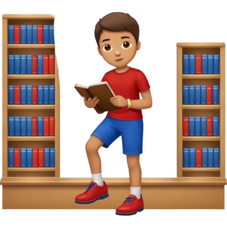 boy with blue short pants, red  short T-shirt, and brown shoes studying at the library emoji