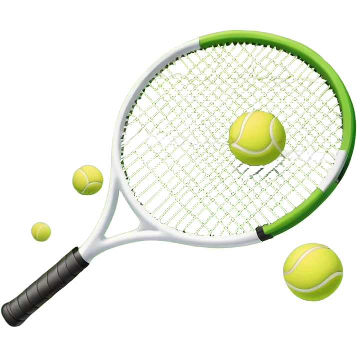 A tennis racket and ball positioned on a grass court, with the net and lines clearly visible in the background. The scene emphasizes the classic elements of the sport, capturing the energy and precision of a tennis match. emoji