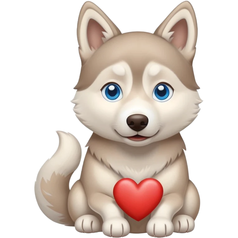 Beige husky with blue eyes holding a brown heart emoji