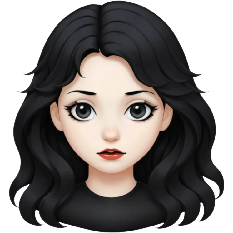 Crea una ragazza con stile black metal, capelli neri mossi dalle spalle e occhi bianchi emoji