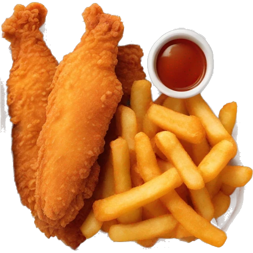 3 chicken tenders with crinkle fries and orange sauce on the side in a styrofoam container emoji