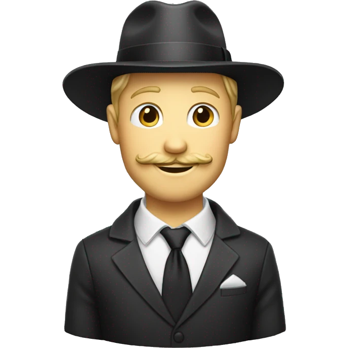 A blond white man with a suit, a tie, a mustache, and a devilish smirk tipping his fedora hat emoji
